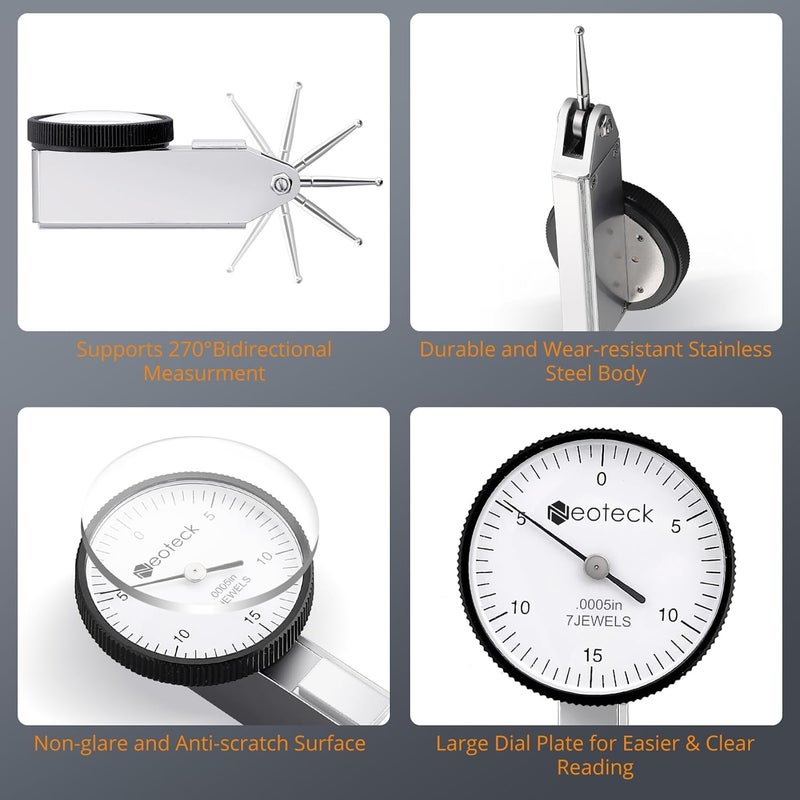 Neoteck Dial Test Indicator with Storage Case, 0-0.03"/0.0005" Test Indicator with 2 Steel Dovetail Clamps 3/8'' and 5/32'' for Machine Set-Up, Narrow Area Measurement - Image 4